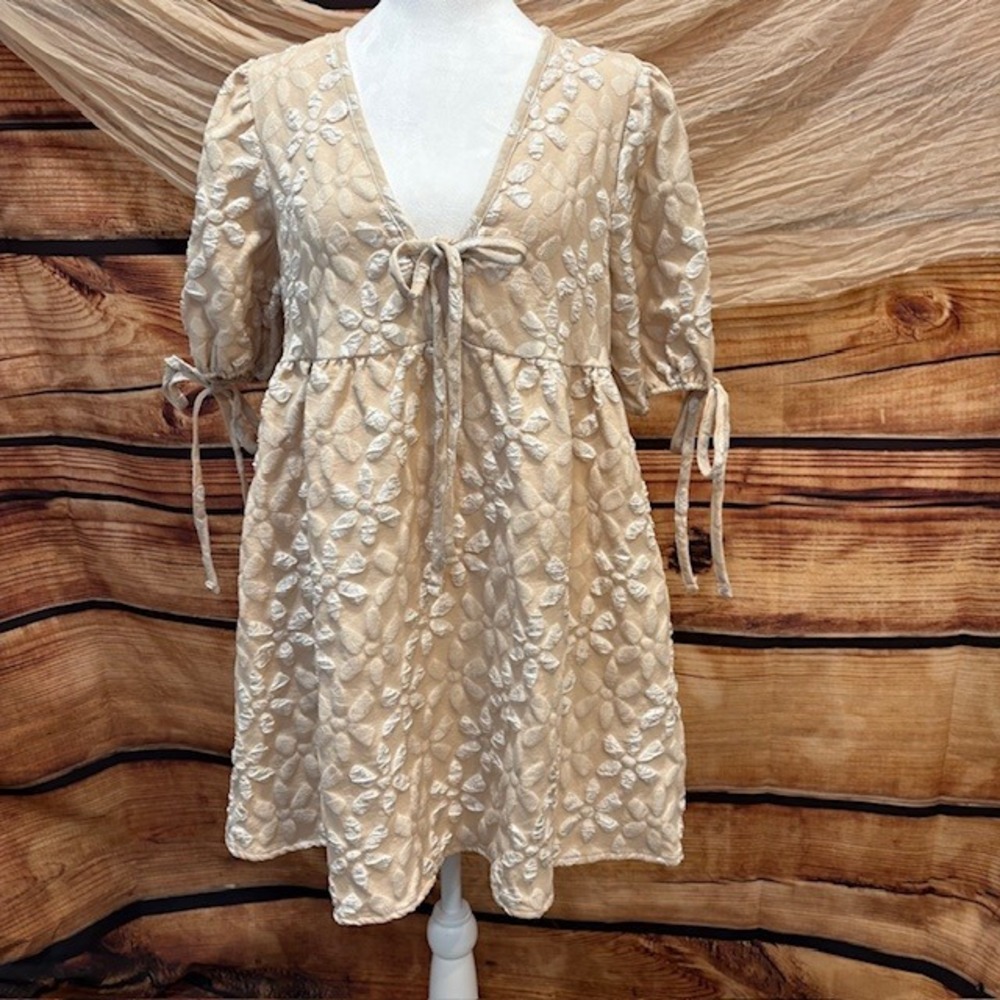 Shein‎ Womens Beige Short Puff Sleeve Daisy Print Mini Dress Size L